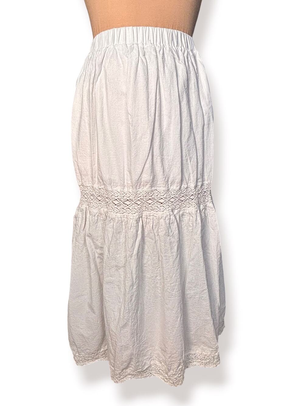 White Lace Trim Tiered Flowing Midi Skirt Western Boho Cottage Prairie Romantic